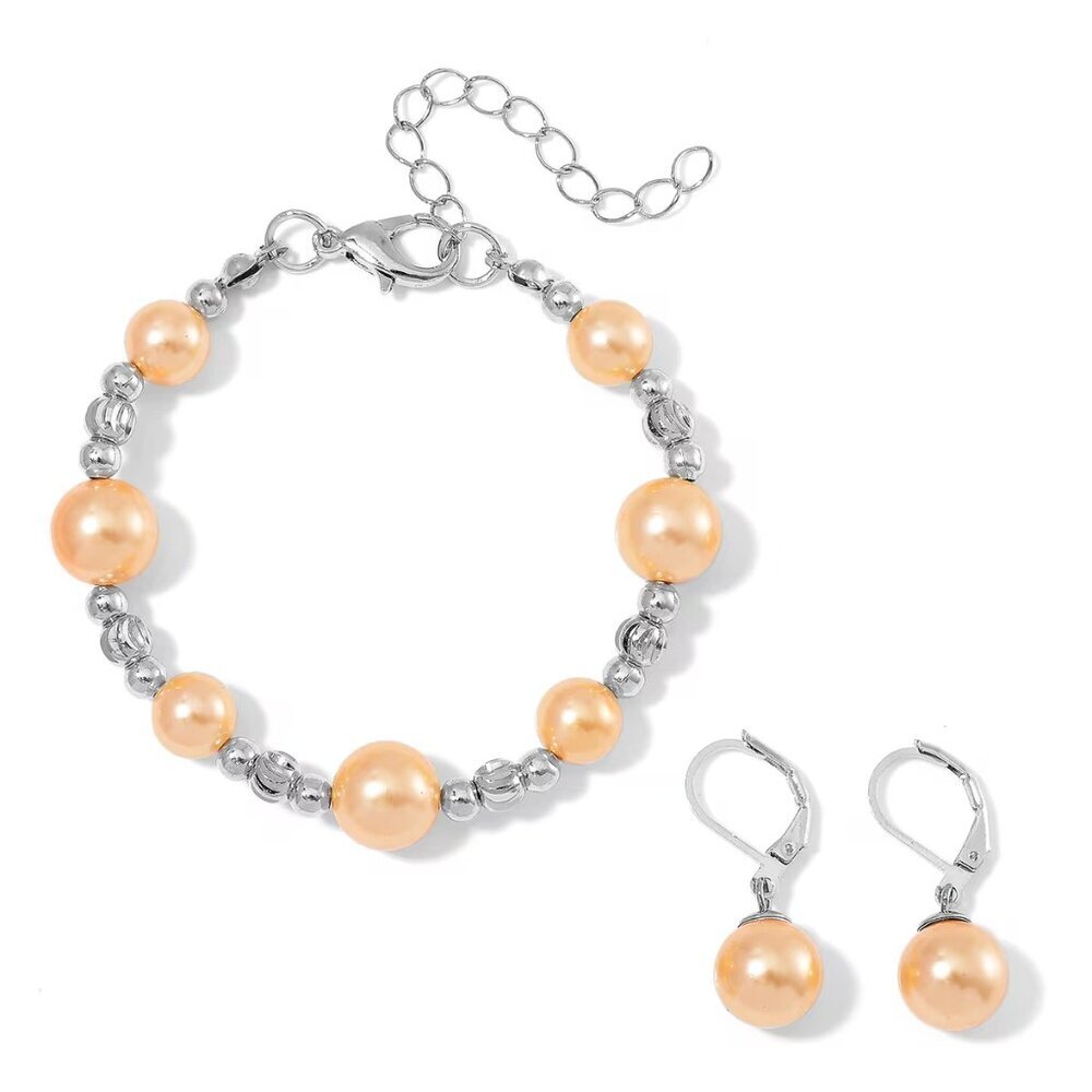 Women's Golden Shell Pearl Bracelet and Lever Back Earrings Set in Silvertone